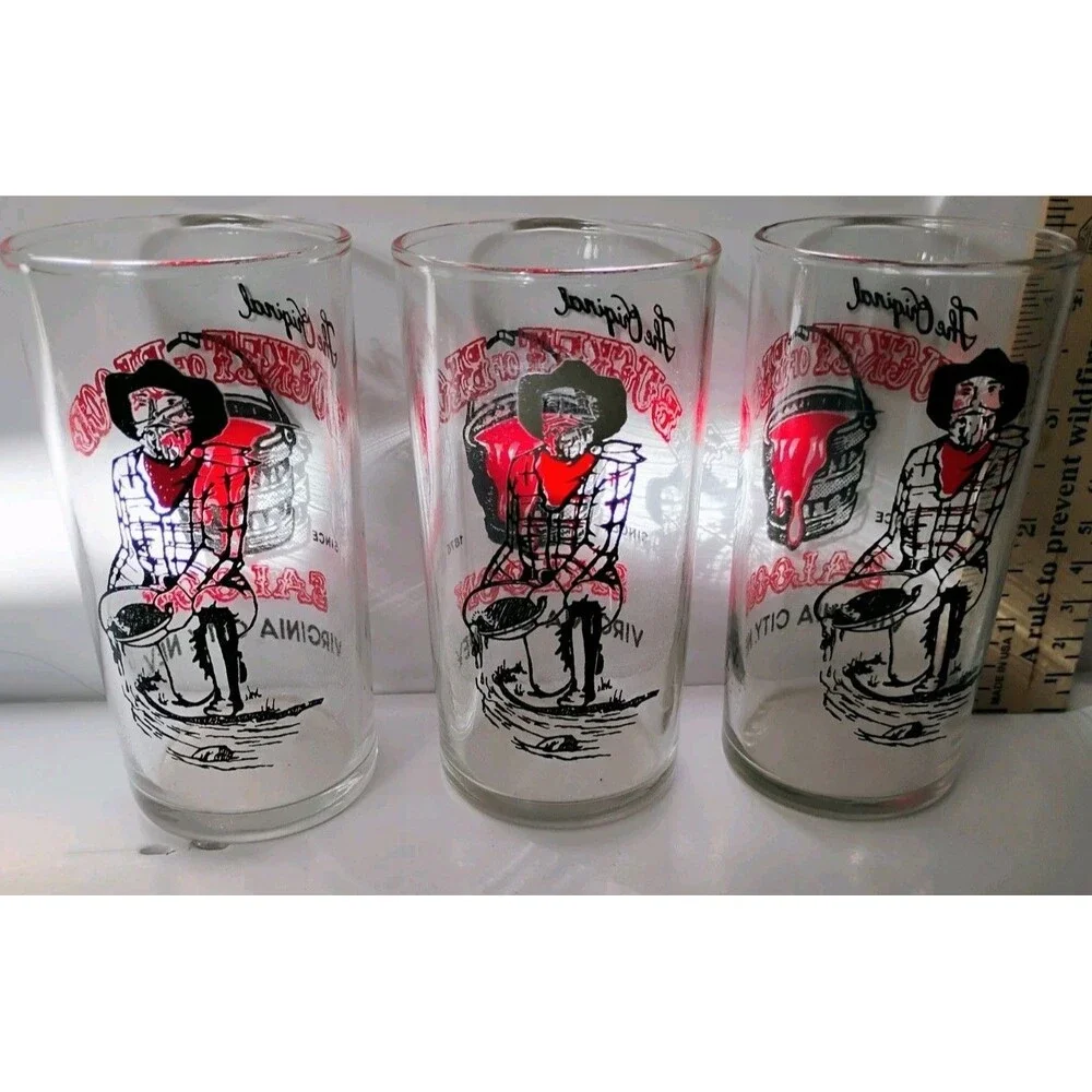 Vintage Bucket of Blood Saloon Virginia City Nevada Glasses Set of 3 Cowboy Art